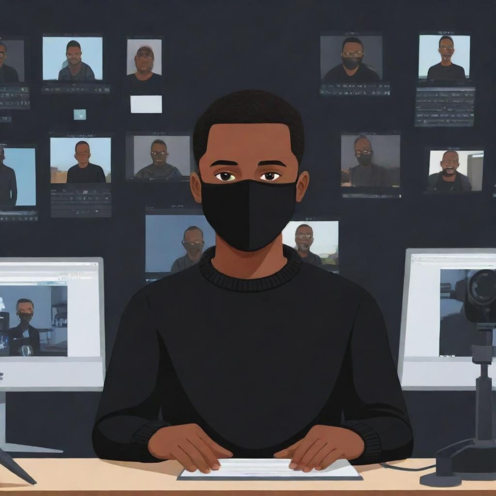 Illustrate a cartoon-style Black man with very short hair, wearing a black sweater and black mask, in a cartoon background full of cameras and video editing equipment