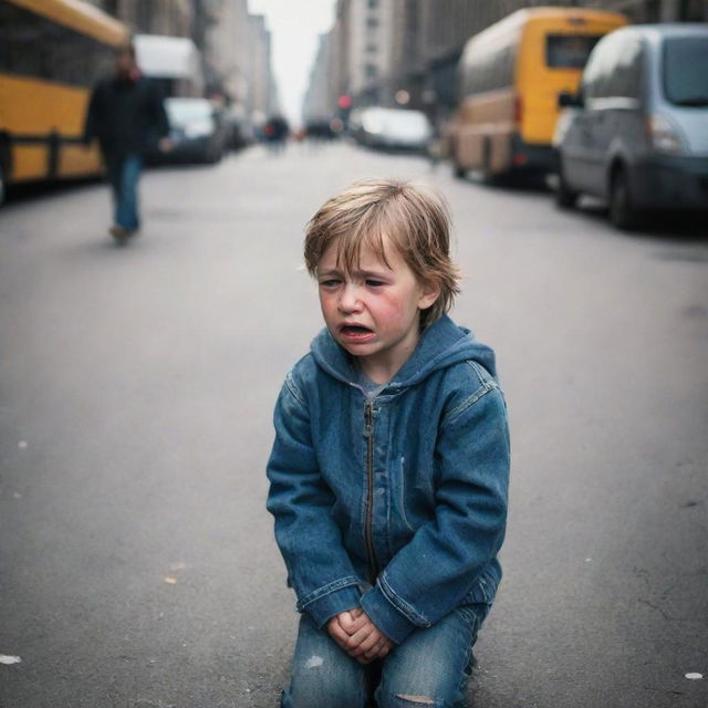 A distressed child crying alone on a bustling city street