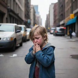 A distressed child crying alone on a bustling city street