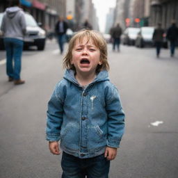 A distressed child crying alone on a bustling city street