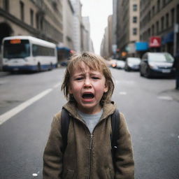 A distressed child crying alone on a bustling city street