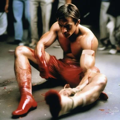 In the action movie, the main character swiftly ties a four-tailed bandage around his leg to stop the bleeding after a dangerous fight scene.