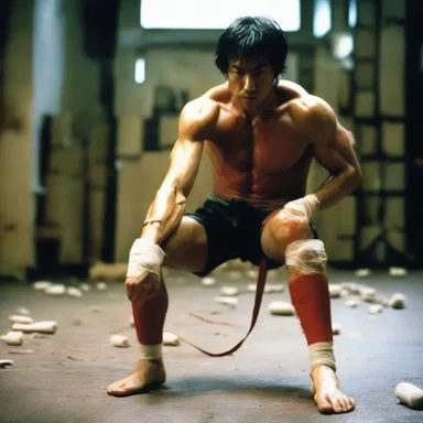 In the action movie, the main character swiftly ties a four-tailed bandage around his leg to stop the bleeding after a dangerous fight scene.