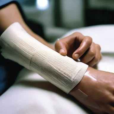 In the futuristic sci-fi film, the advanced medical technology includes a self-adjusting four-tailed bandage that instantly molds and seals to any wound.