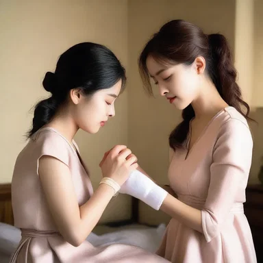 In the heartfelt romantic comedy, the lead actress tenderly applies a four-tailed bandage to the main character's injured hand, symbolizing their deepening connection and care for each other.