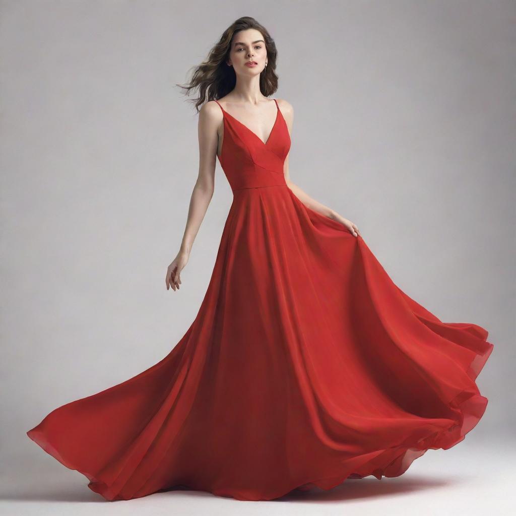 A full-body illustration of a young adult woman gracefully posing in a stunning bright red dress. Her expression is serene, the dress itself flows elegantly, emphasising her grace and elegance.