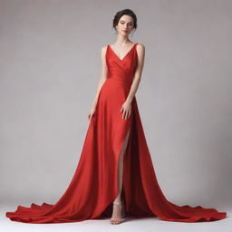 A full-body illustration of a young adult woman gracefully posing in a stunning bright red dress. Her expression is serene, the dress itself flows elegantly, emphasising her grace and elegance.