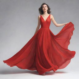 A full-body illustration of a young adult woman gracefully posing in a stunning bright red dress. Her expression is serene, the dress itself flows elegantly, emphasising her grace and elegance.