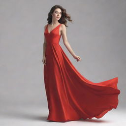 A full-body illustration of a young adult woman gracefully posing in a stunning bright red dress. Her expression is serene, the dress itself flows elegantly, emphasising her grace and elegance.