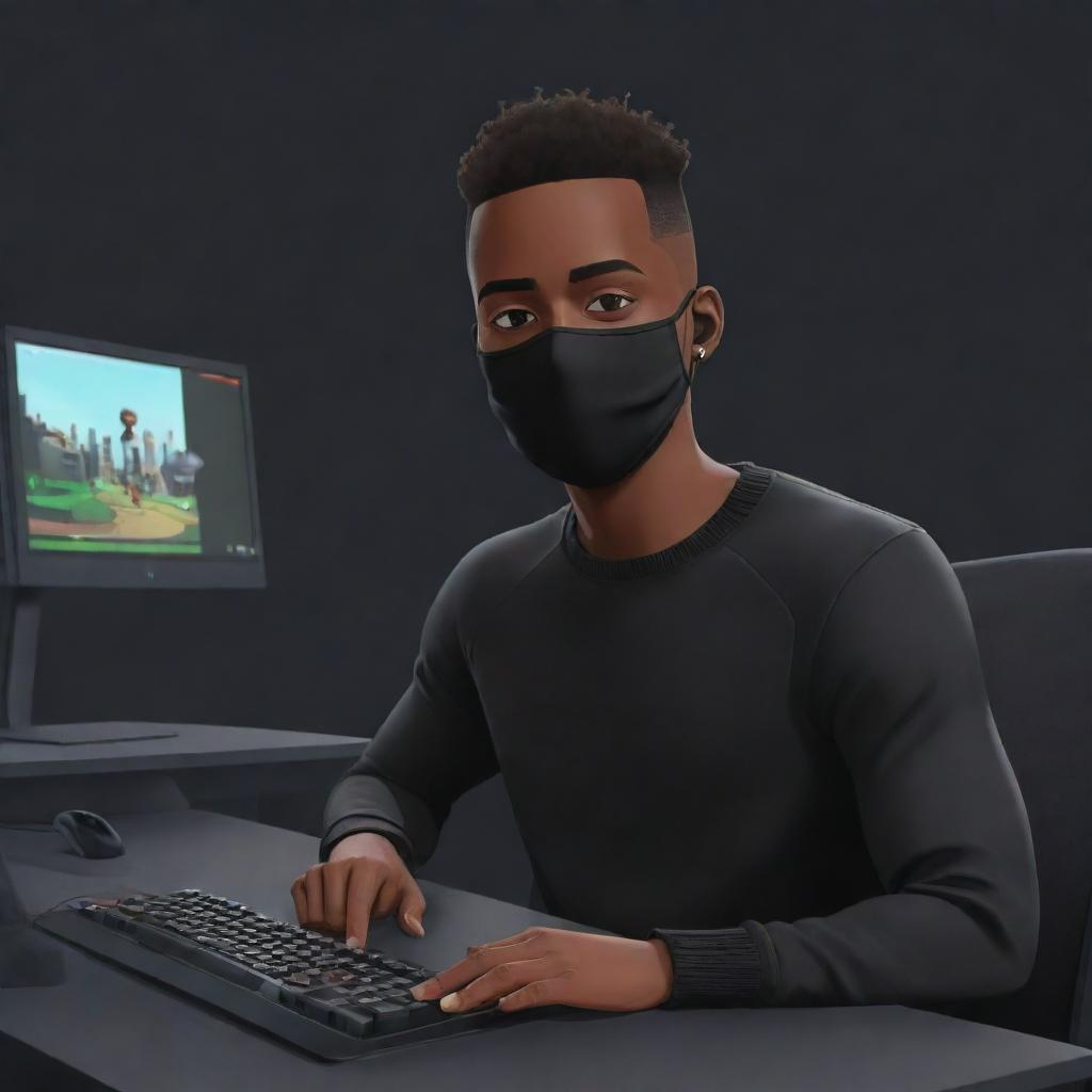 Illustrate a cartoon-style Black man with very short hair, wearing a black sweater and black mask, set in a cartoon background of a gaming setup