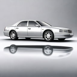 A high-quality digital art image of a saloon car, rendered in a reasonably realistic style, set against a plain grey background