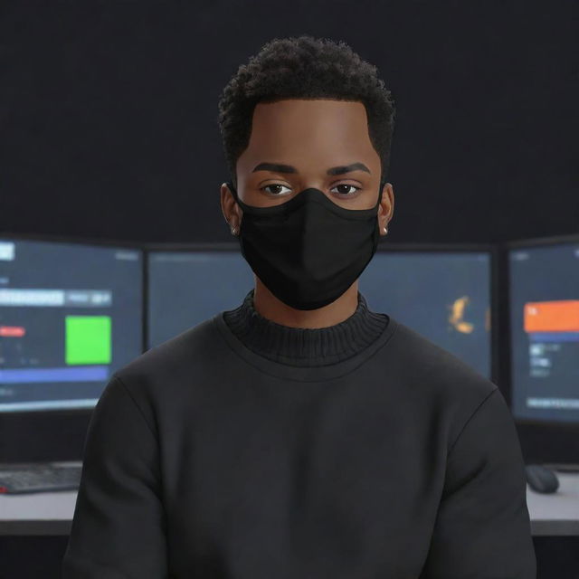 Illustrate a cartoon-style Black man with very short hair, wearing a black sweater and black mask, set in a cartoon background of a gaming setup