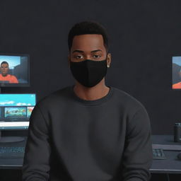 Illustrate a cartoon-style Black man with very short hair, wearing a black sweater and black mask, set in a cartoon background of a gaming setup