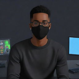 Illustrate a cartoon-style Black man with very short hair, wearing a black sweater and black mask, set in a cartoon background of a gaming setup