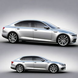 A high-quality digital art image of a modern saloon car, depicted in a reasonably realistic style against a plain grey background