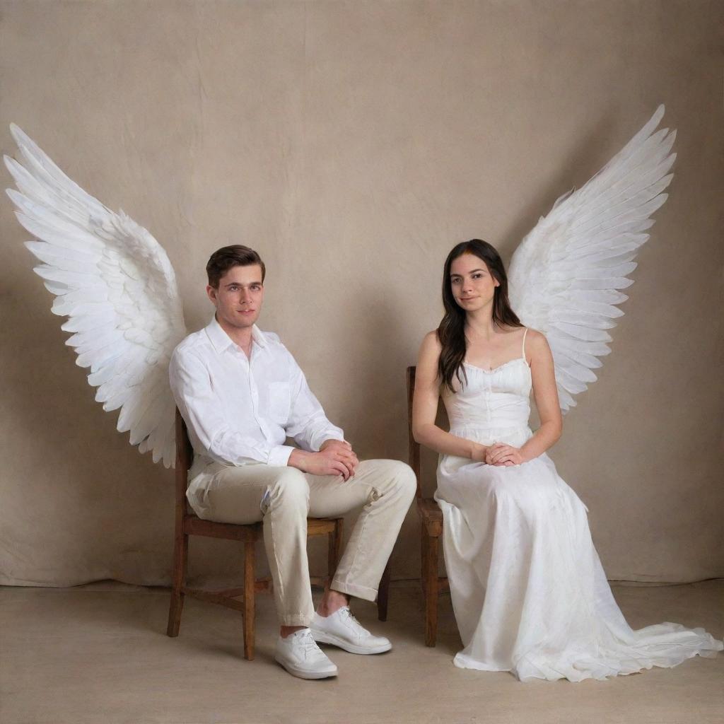 A realistic portrait of a 25-year-old man and a 20-year-old woman sitting on a chair, each with ethereal white wings. The wall behind them is a warm, inviting shade of muslin.