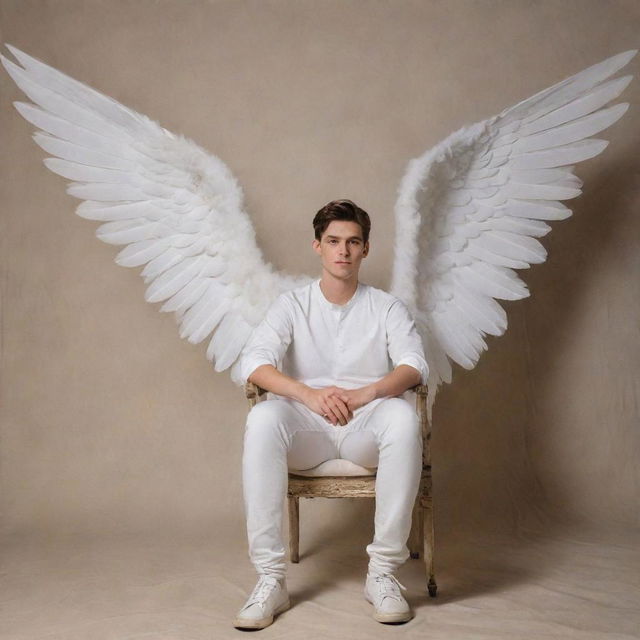 A realistic portrait of a 25-year-old man and a 20-year-old woman sitting on a chair, each with ethereal white wings. The wall behind them is a warm, inviting shade of muslin.