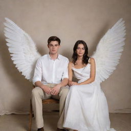 A realistic portrait of a 25-year-old man and a 20-year-old woman sitting on a chair, each with ethereal white wings. The wall behind them is a warm, inviting shade of muslin.