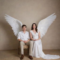 A realistic portrait of a 25-year-old man and a 20-year-old woman sitting on a chair, each with ethereal white wings. The wall behind them is a warm, inviting shade of muslin.