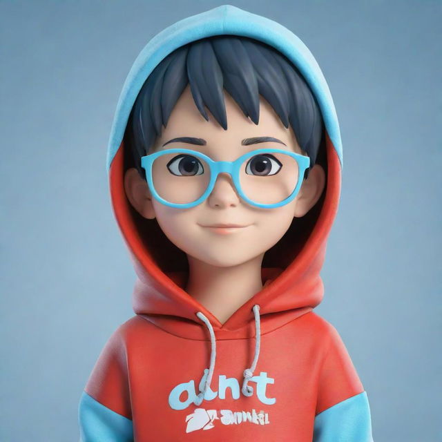 Generate a 3D anime style image of a cute boy wearing glasses and a red hoodie, with the name 'Ankit' written across the front in light blue.