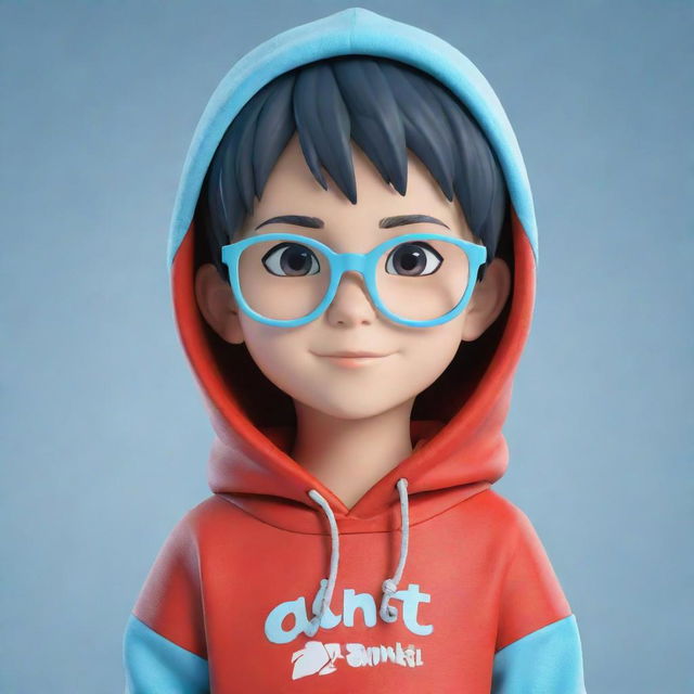 Generate a 3D anime style image of a cute boy wearing glasses and a red hoodie, with the name 'Ankit' written across the front in light blue.