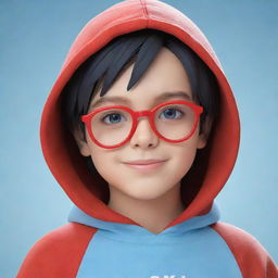 Generate a 3D anime style image of a cute boy wearing glasses and a red hoodie, with the name 'Ankit' written across the front in light blue.