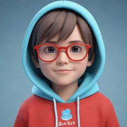 Generate a 3D anime style image of a cute boy wearing glasses and a red hoodie, with the name 'Ankit' written across the front in light blue.