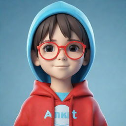 Generate a 3D anime style image of a cute boy wearing glasses and a red hoodie, with the name 'Ankit' written across the front in light blue.