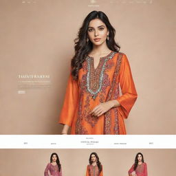 Showcase a vibrant and stylish website design featuring clothing collection from the brand Tanveerkamal. Include luxe textures, detailed images of the clothing line, well-organized product categories, and easy-to-navigate user interface.