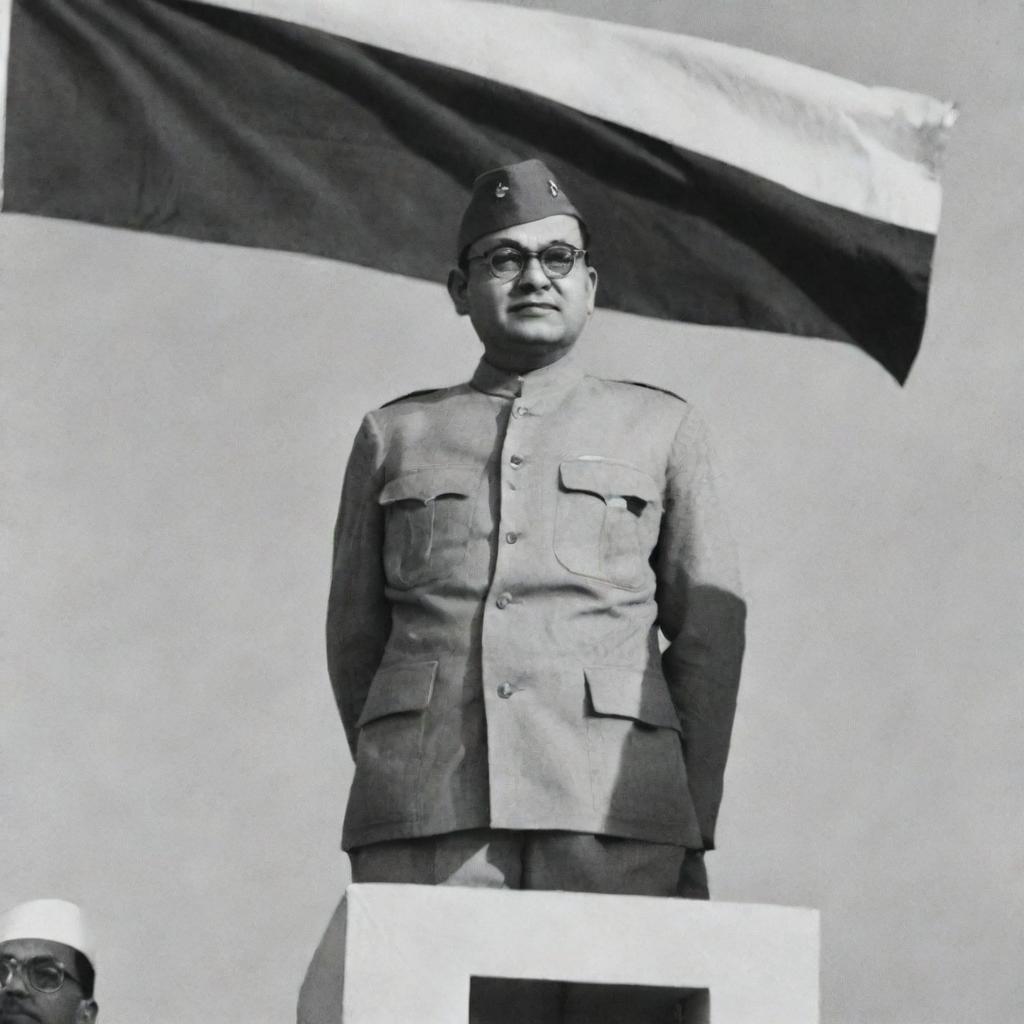 Netaji Subhas Chandra Bose standing in ceremonial attire on a podium, under the flag of the Republic of India, commemorating the date, February 23.