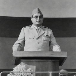 Netaji Subhas Chandra Bose standing in ceremonial attire on a podium, under the flag of the Republic of India, commemorating the date, February 23.