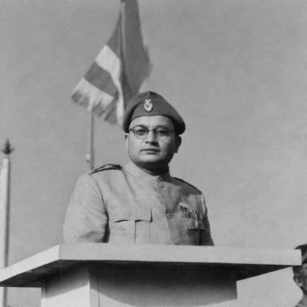 Netaji Subhas Chandra Bose standing in ceremonial attire on a podium, under the flag of the Republic of India, commemorating the date, February 23.