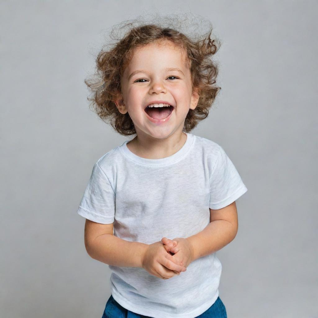 Portrait of a joyful child wearing simple, affordable clothes.