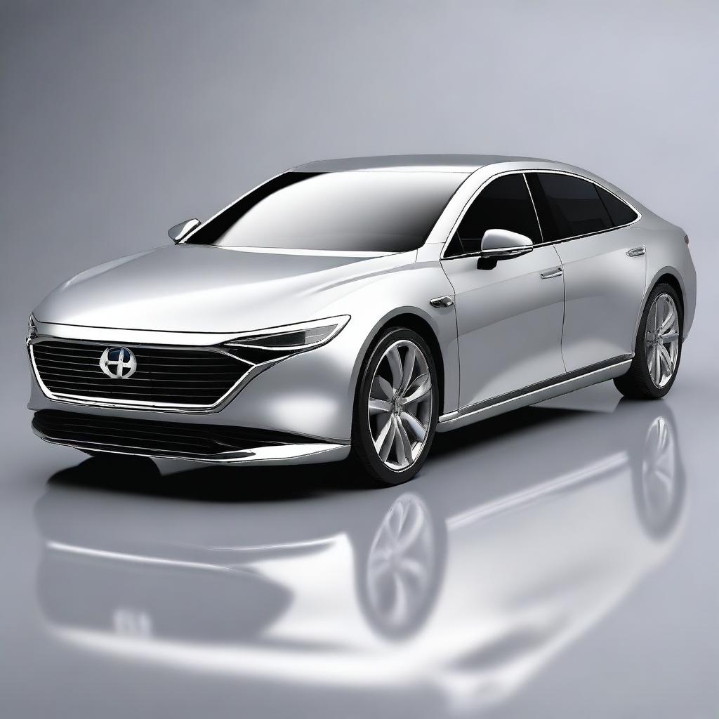 A high-quality digital art image of a modern, hydrogen-powered saloon car with four doors and standard wheels