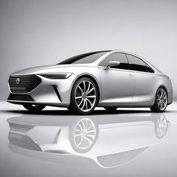 A high-quality digital art image of a modern, hydrogen-powered saloon car with four doors and standard wheels