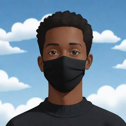 Generate an illustration of a cartoon-style Black man with very short hair, wearing a black sweater and black mask, with a cartoon background of a sky and clouds