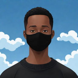 Generate an illustration of a cartoon-style Black man with very short hair, wearing a black sweater and black mask, with a cartoon background of a sky and clouds