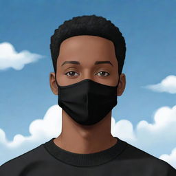 Generate an illustration of a cartoon-style Black man with very short hair, wearing a black sweater and black mask, with a cartoon background of a sky and clouds