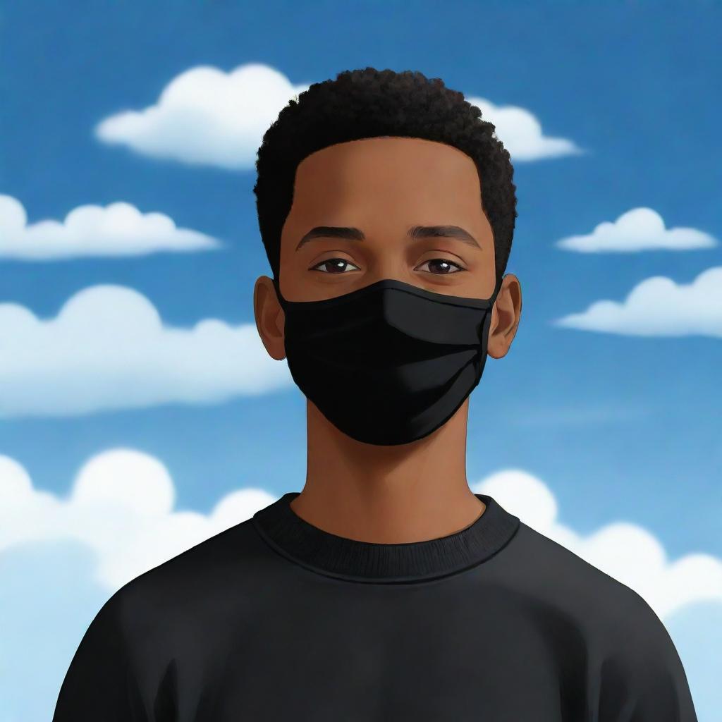 Generate an illustration of a cartoon-style Black man with very short hair, wearing a black sweater and black mask, with a cartoon background of a sky and clouds