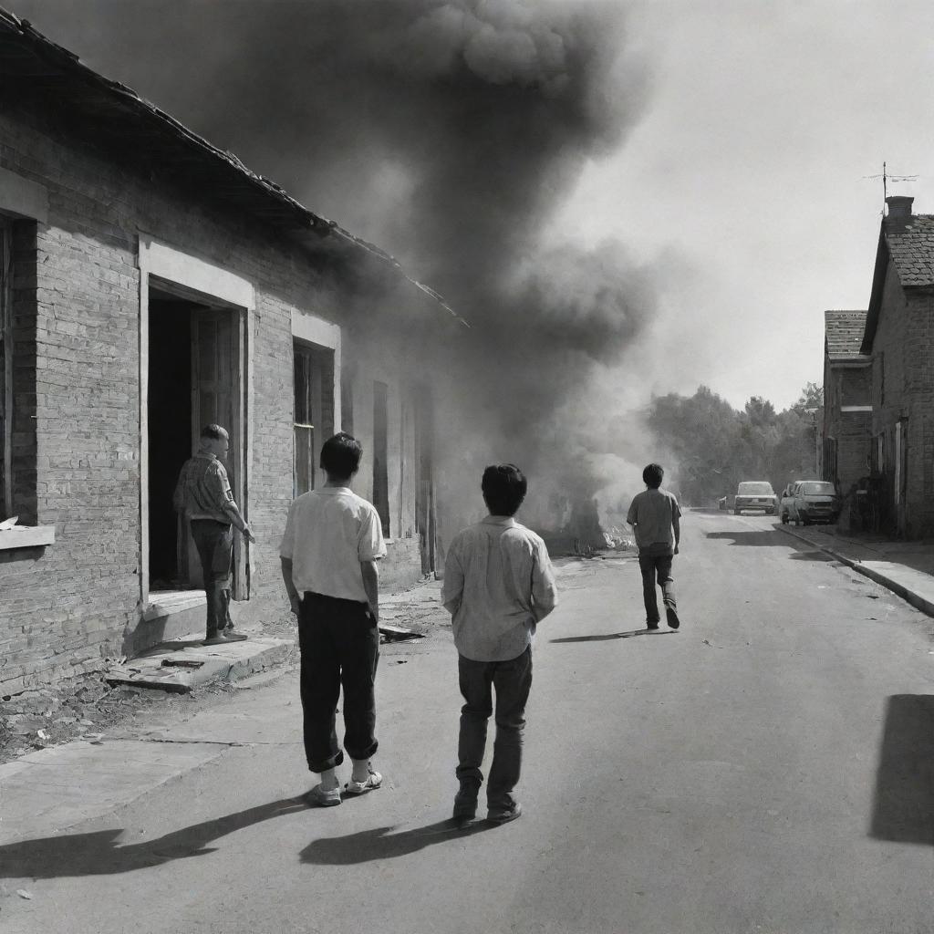 Two young men standing in a street watching their distant home where their grandmother stands by the window, suddenly a rocket strikes the house setting it alight, one youth tries to run towards the burning house but the other holds him back