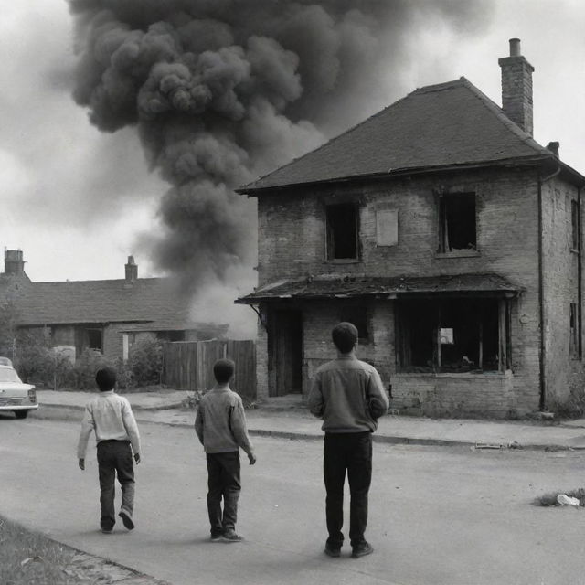 Two young men standing in a street watching their distant home where their grandmother stands by the window, suddenly a rocket strikes the house setting it alight, one youth tries to run towards the burning house but the other holds him back