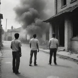 Two young men standing in a street watching their distant home where their grandmother stands by the window, suddenly a rocket strikes the house setting it alight, one youth tries to run towards the burning house but the other holds him back