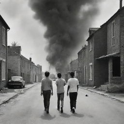 Two young men standing in a street watching their distant home where their grandmother stands by the window, suddenly a rocket strikes the house setting it alight, one youth tries to run towards the burning house but the other holds him back