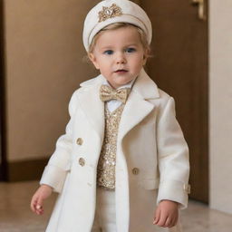 A child dressed in luxurious, high-quality designer attire with a value of $10,000, radiating elegance and sophistication.