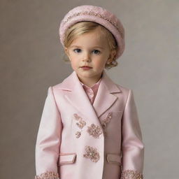 A child dressed in luxurious, high-quality designer attire with a value of $10,000, radiating elegance and sophistication.