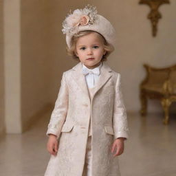 A child dressed in luxurious, high-quality designer attire with a value of $10,000, radiating elegance and sophistication.