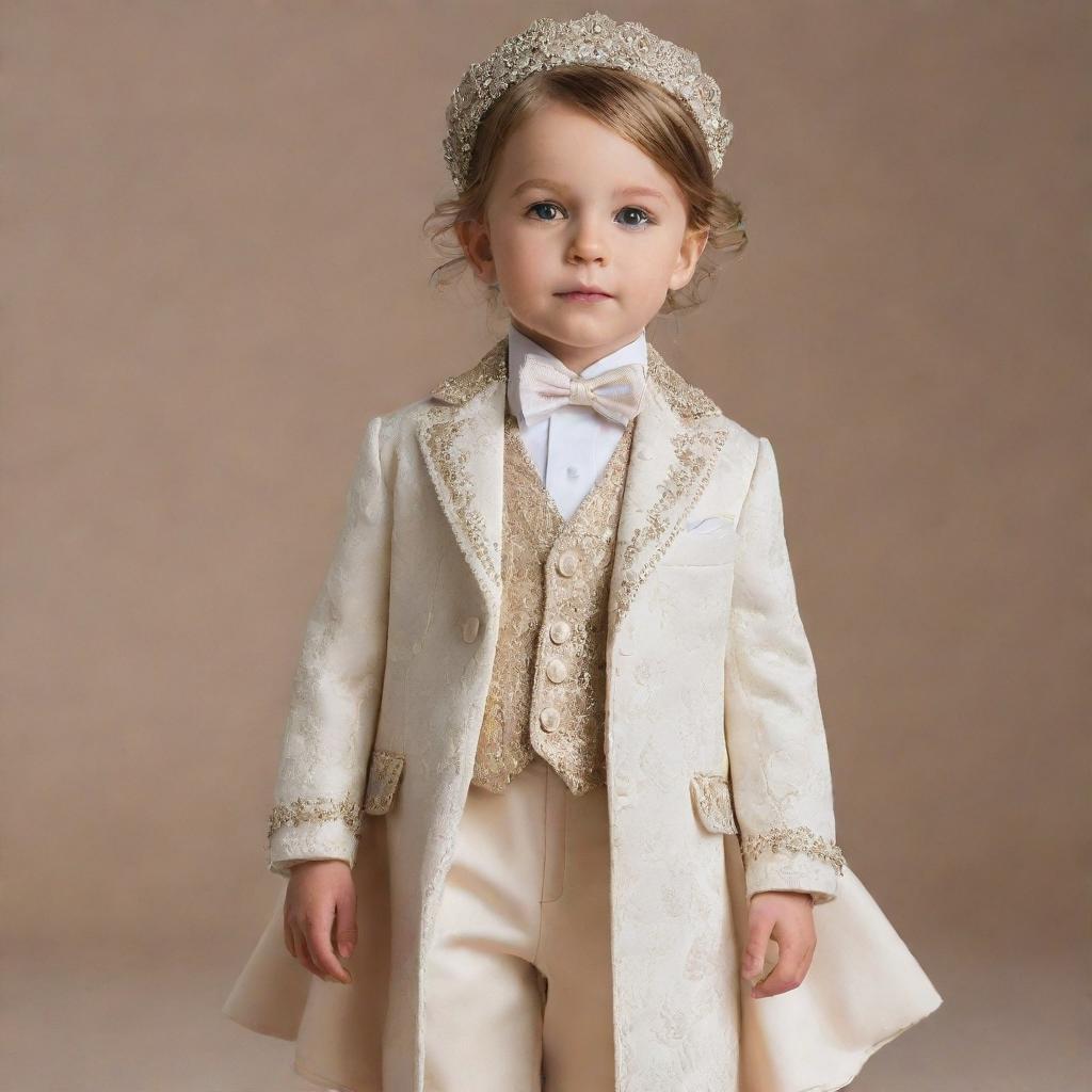 A child dressed in luxurious, high-quality designer attire with a value of $10,000, radiating elegance and sophistication.