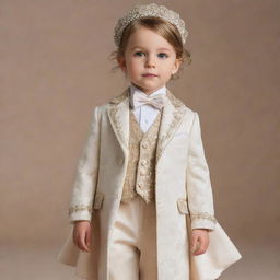 A child dressed in luxurious, high-quality designer attire with a value of $10,000, radiating elegance and sophistication.