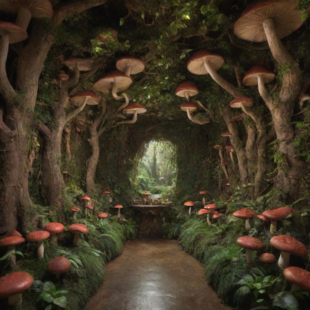 A hidden cove styled museum room, enveloped by an enchanted mushroom forest. Lianas grow lushly on the walls, adding to the magical ambience.