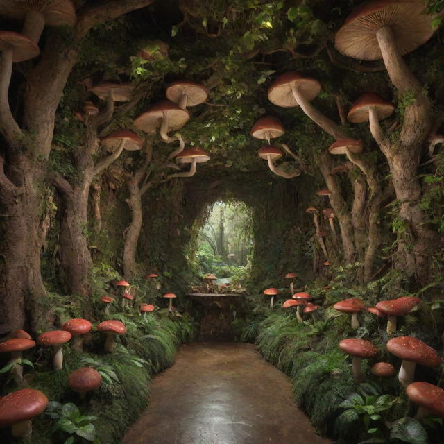 A hidden cove styled museum room, enveloped by an enchanted mushroom forest. Lianas grow lushly on the walls, adding to the magical ambience.